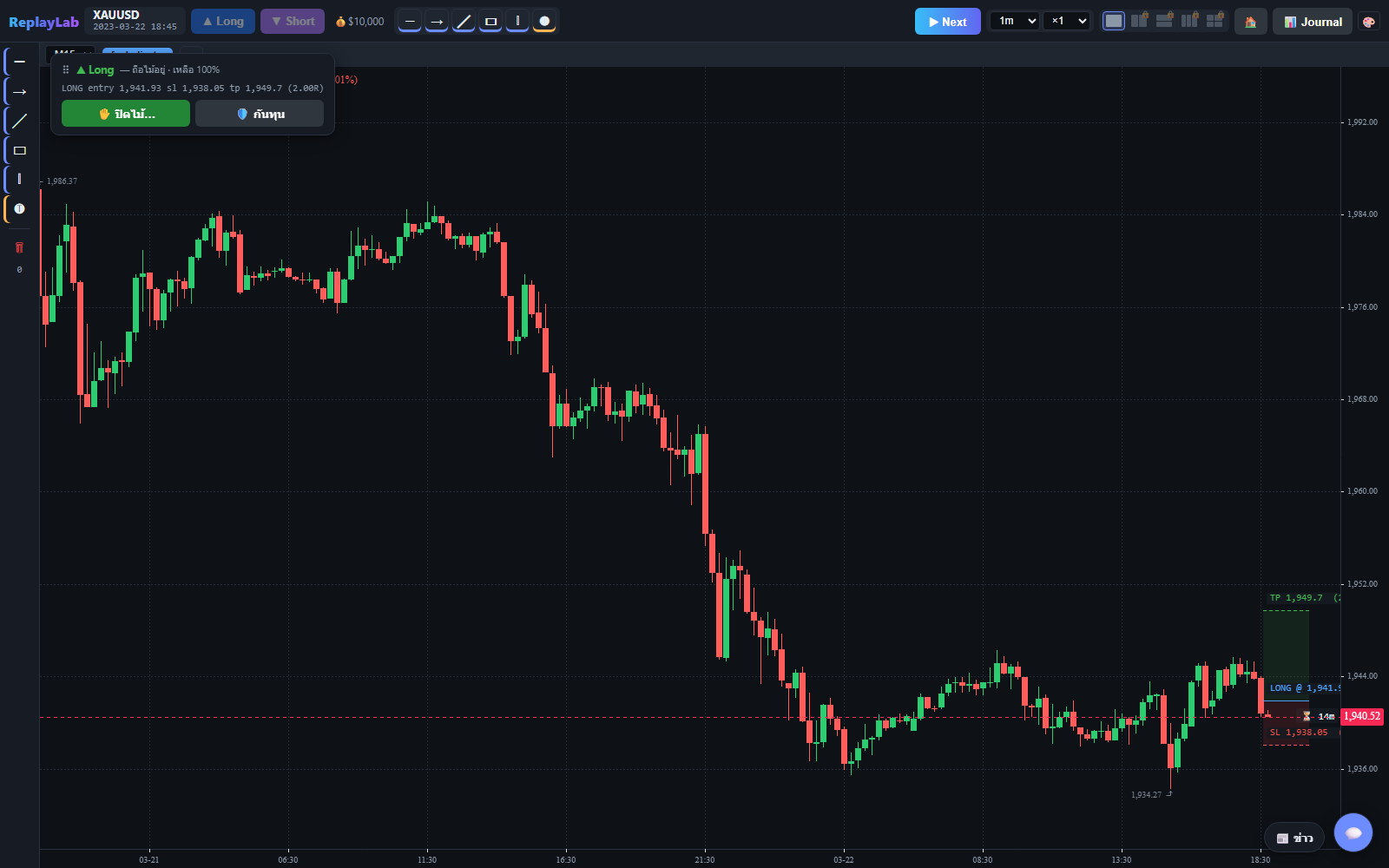 หน้าจอ ZomTrade — วางไม้ Long พร้อม TP/SL บนกราฟจริง